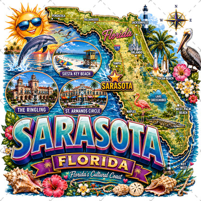 Sarasota Florida Travel Poster, Landmark Collage Wall Art, Florida Souvenir Print, Instant Digital Download PNG