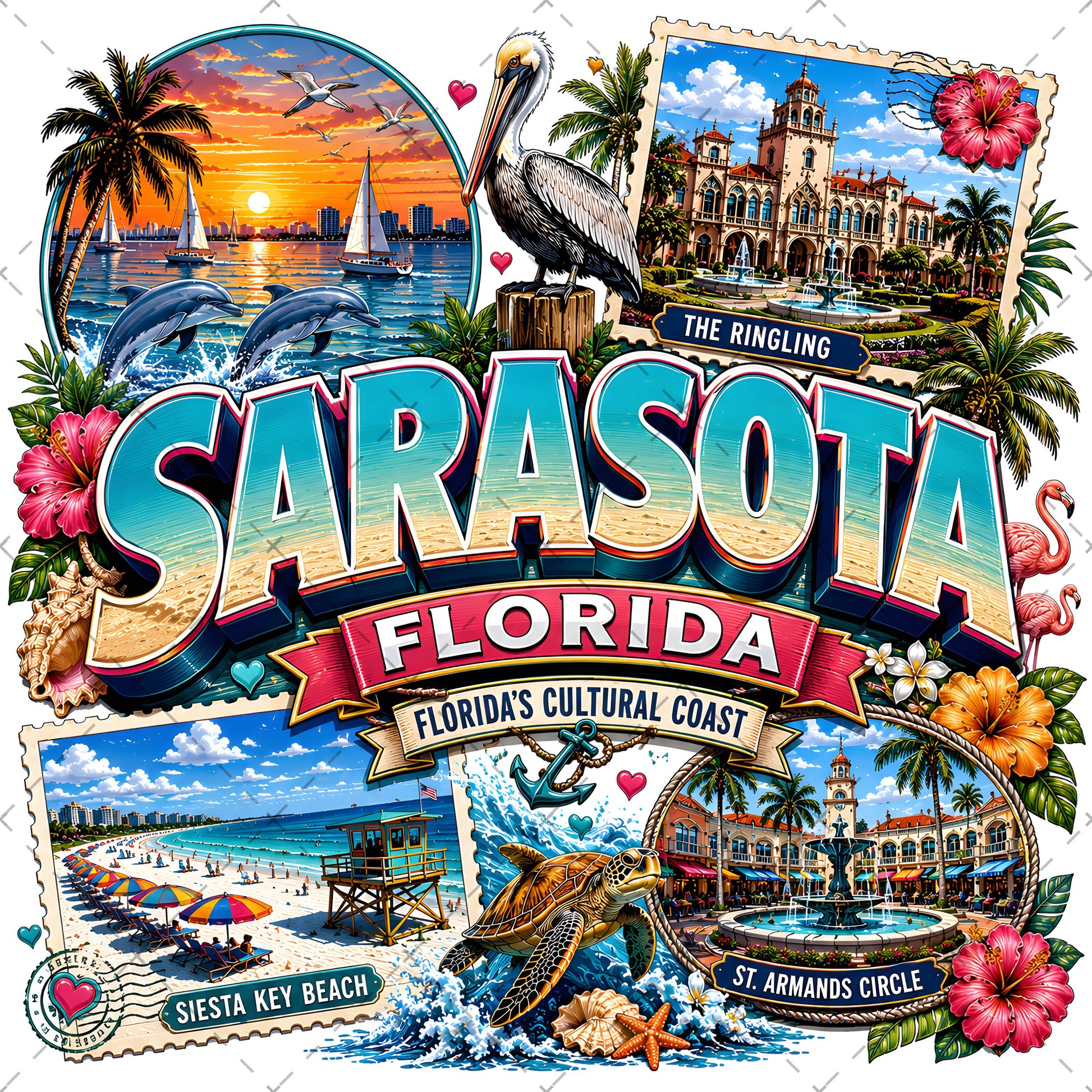 Sarasota Florida Travel Poster, Landmark Collage Wall Art, Florida Souvenir Print, Instant Digital Download PNG