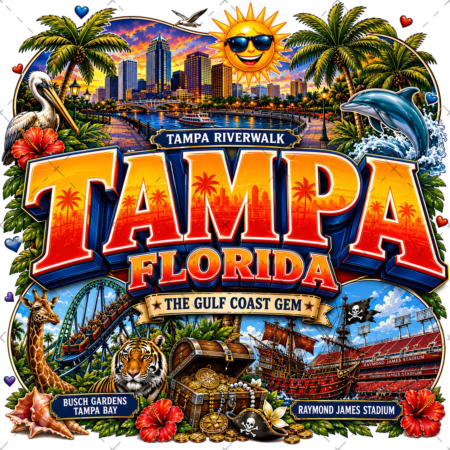 Tampa Florida Travel Poster PNG Sublimation Landmarks Souvenir Collage Print POD Tshirt Design Commercial Use