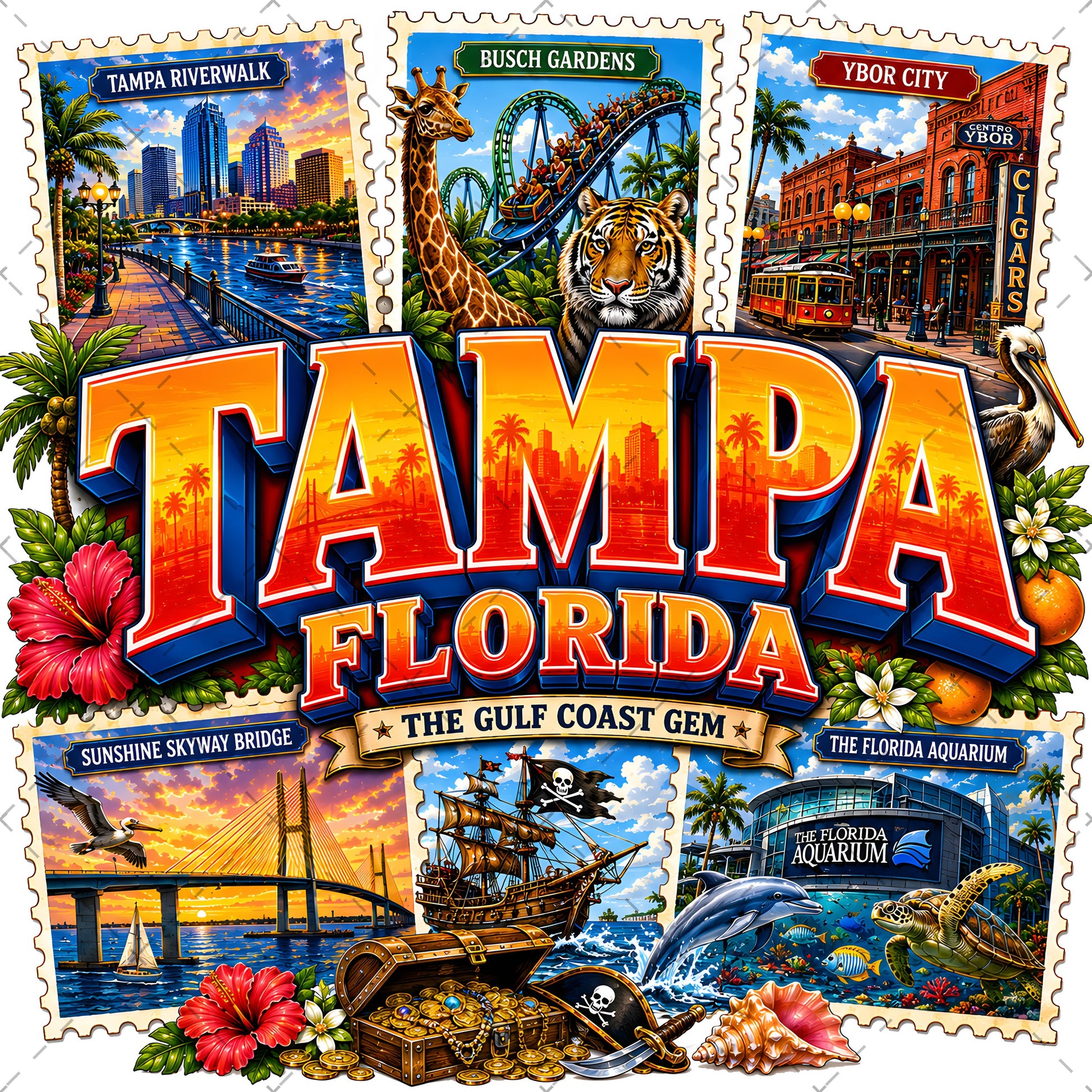 Tampa Florida Travel Poster PNG Sublimation Landmarks Souvenir Collage Print POD Tshirt Design Commercial Use