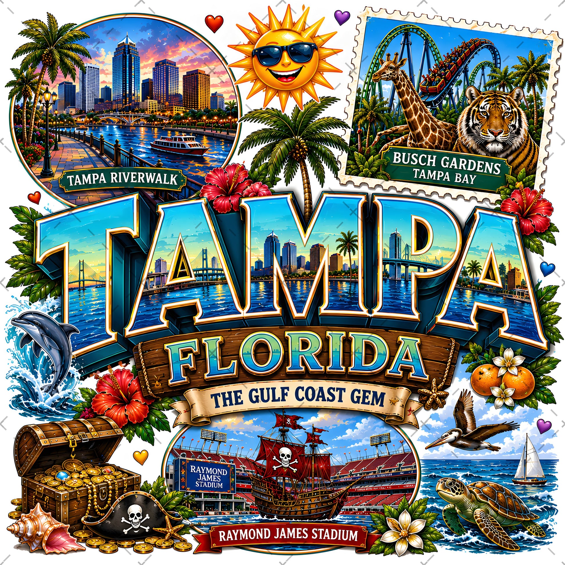 Tampa Florida Travel Poster PNG Sublimation Landmarks Souvenir Collage Print POD Tshirt Design Commercial Use