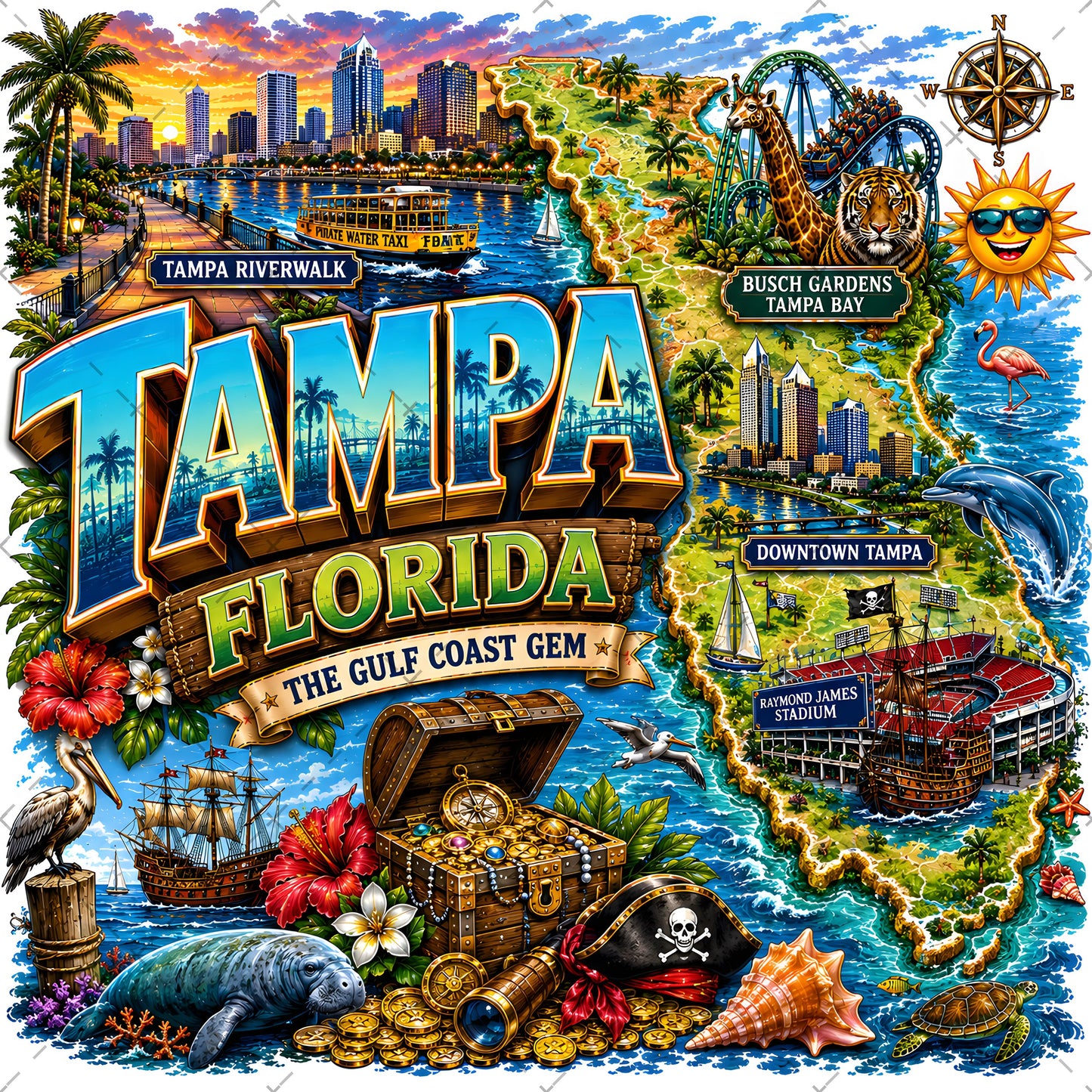 Tampa Florida Travel Poster PNG Sublimation Landmarks Souvenir Collage Print POD Tshirt Design Commercial Use