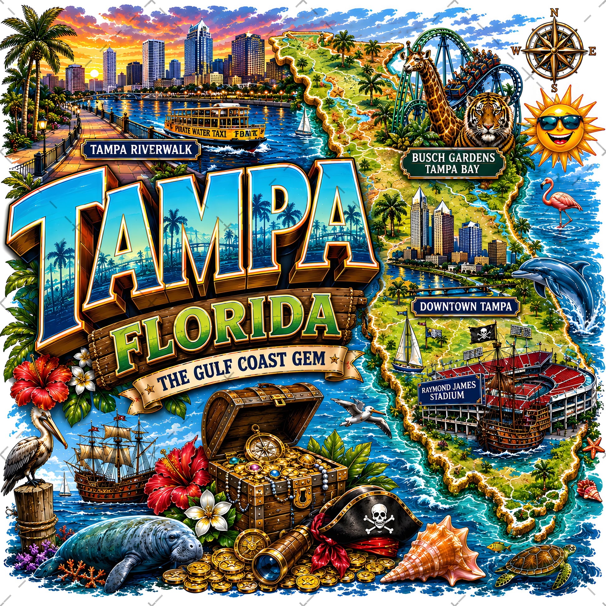 Tampa Florida Travel Poster PNG Sublimation Landmarks Souvenir Collage Print POD Tshirt Design Commercial Use