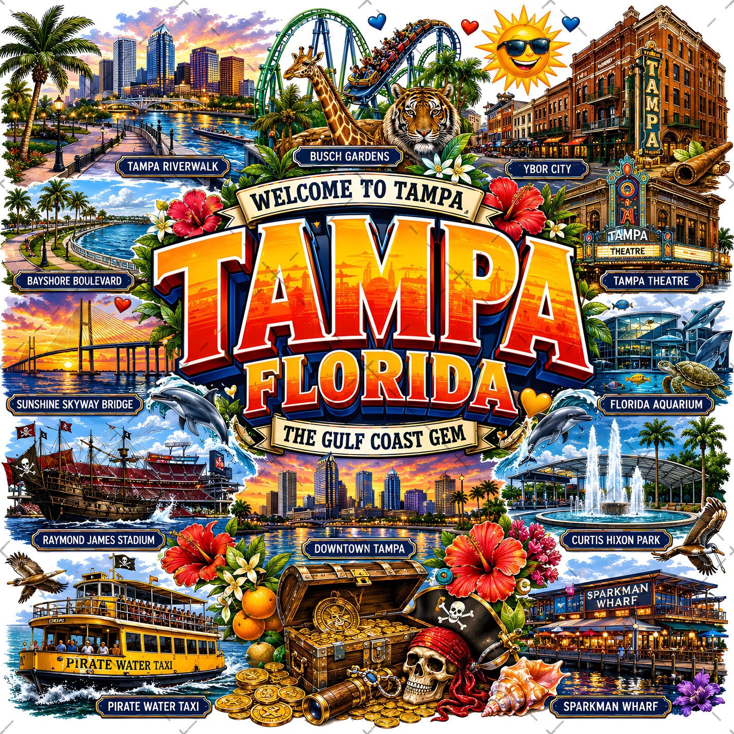 Tampa Florida Travel Poster PNG Sublimation Landmarks Souvenir Collage Print POD Tshirt Design Commercial Use