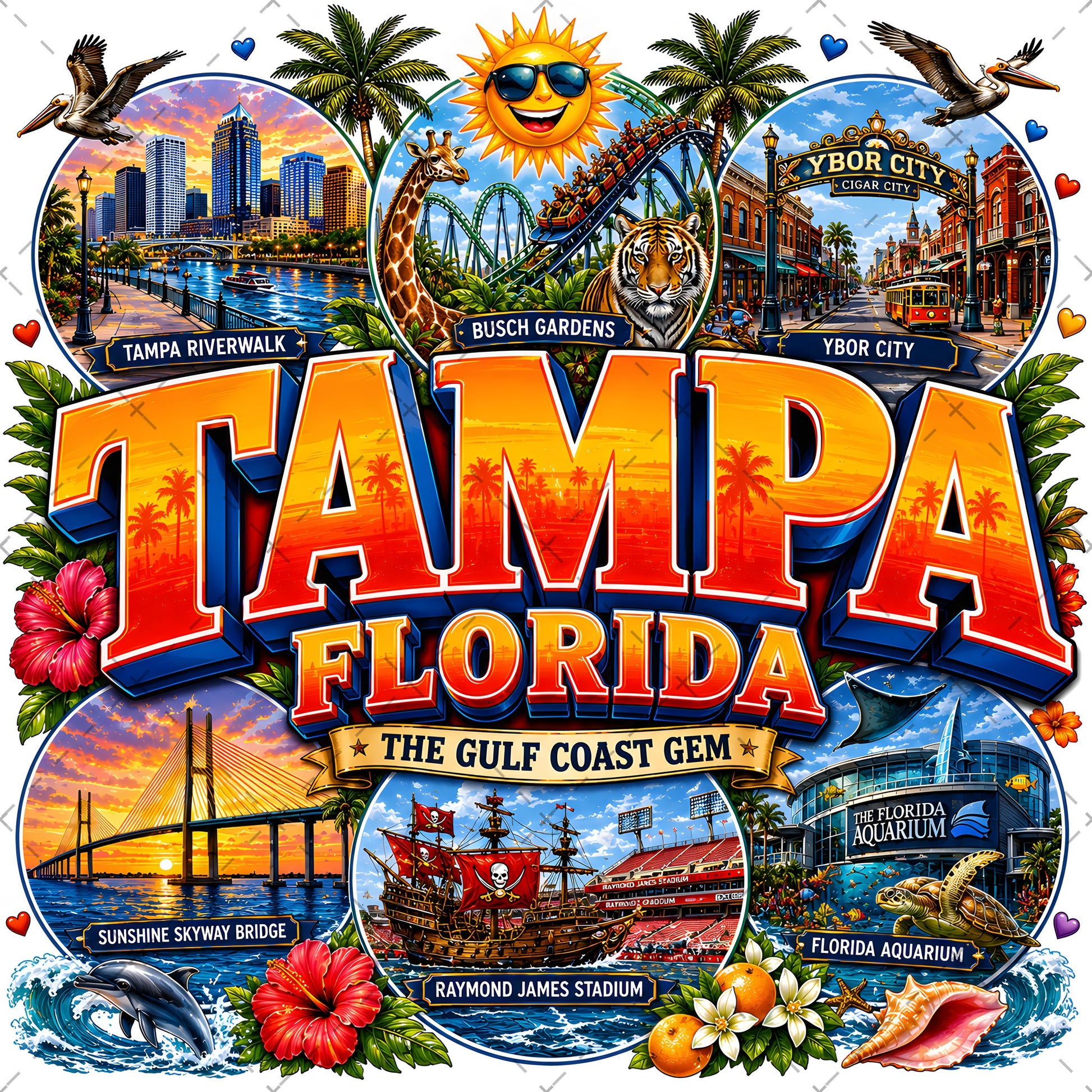 Tampa Florida Travel Poster PNG Sublimation Landmarks Souvenir Collage Print POD Tshirt Design Commercial Use