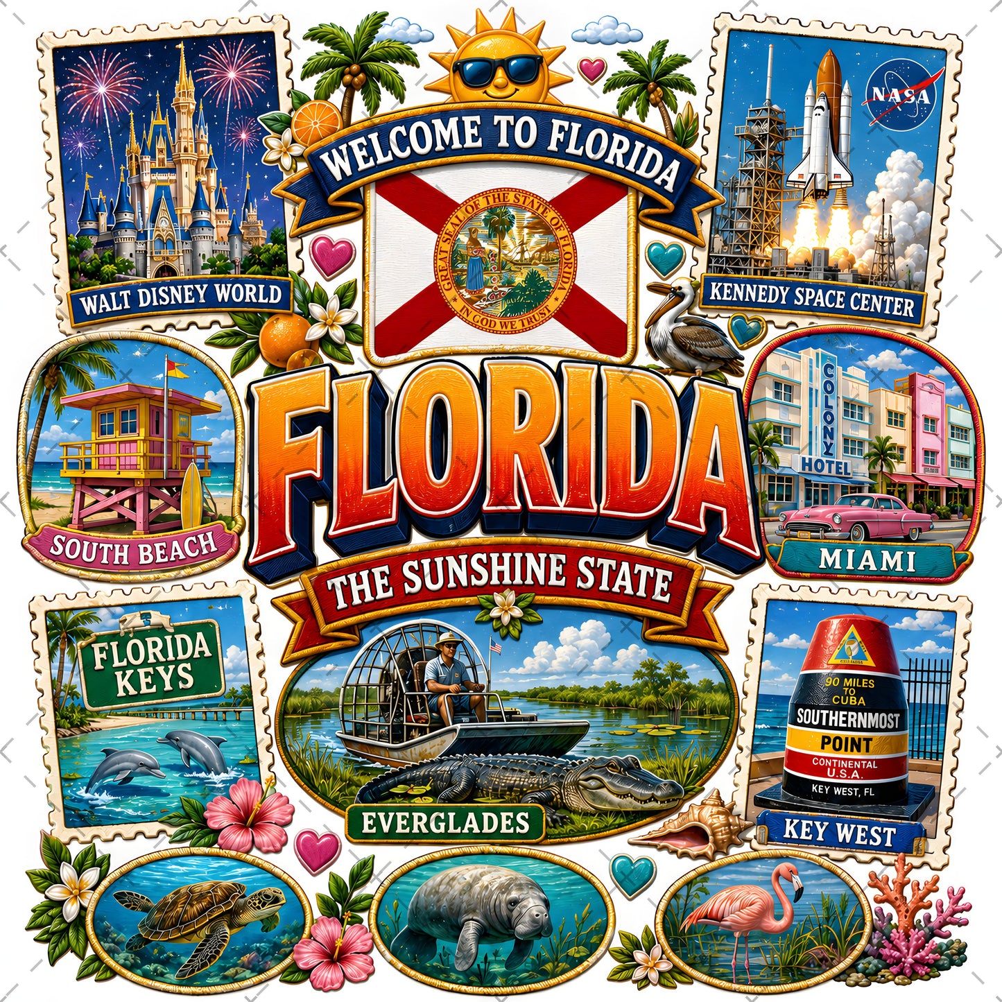 Florida Sunshine State PNG Travel Souvenir Collage Sublimation Design Landmarks Beach POD T-Shirt Mug Tumbler
