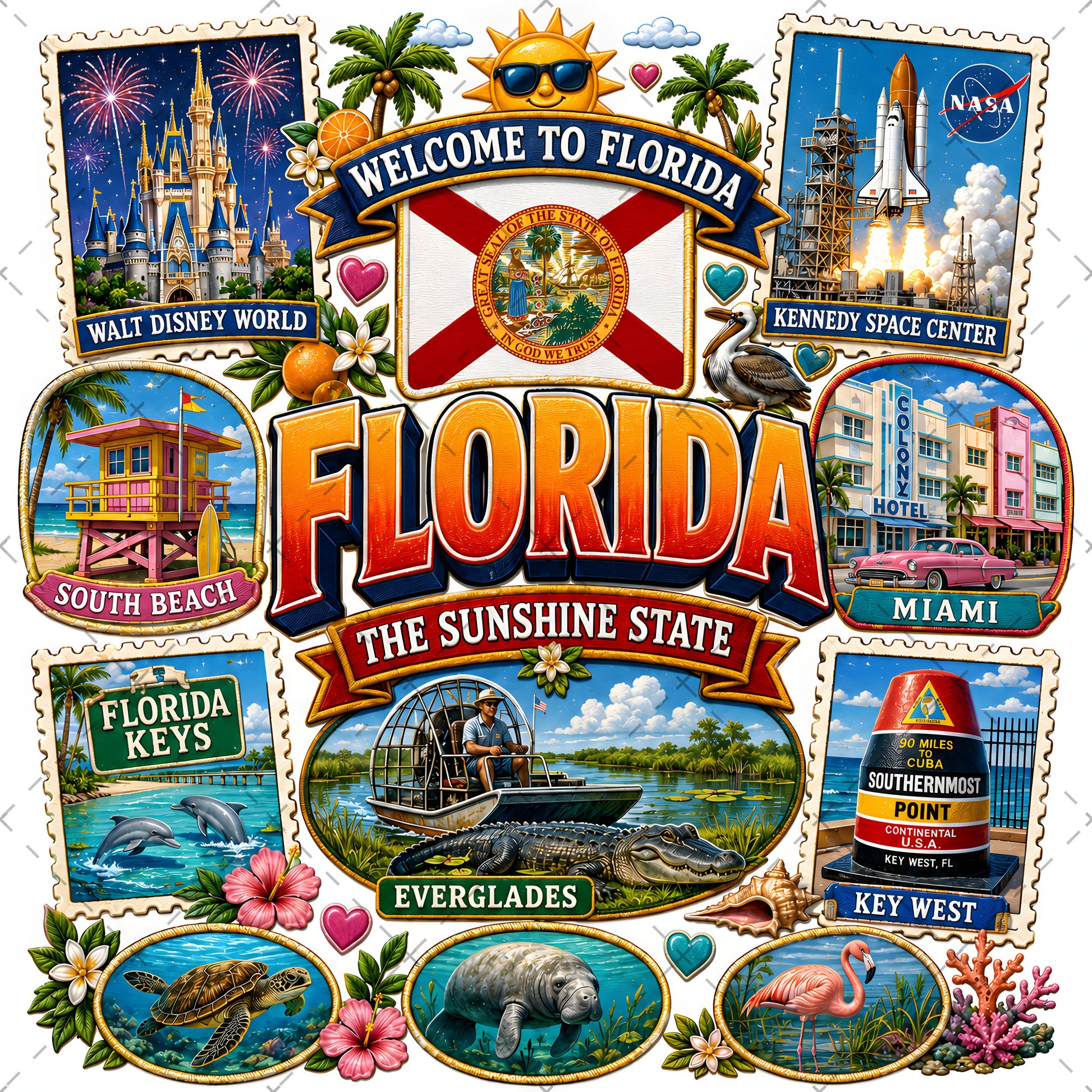 Florida Sunshine State PNG Travel Souvenir Collage Sublimation Design Landmarks Beach POD T-Shirt Mug Tumbler