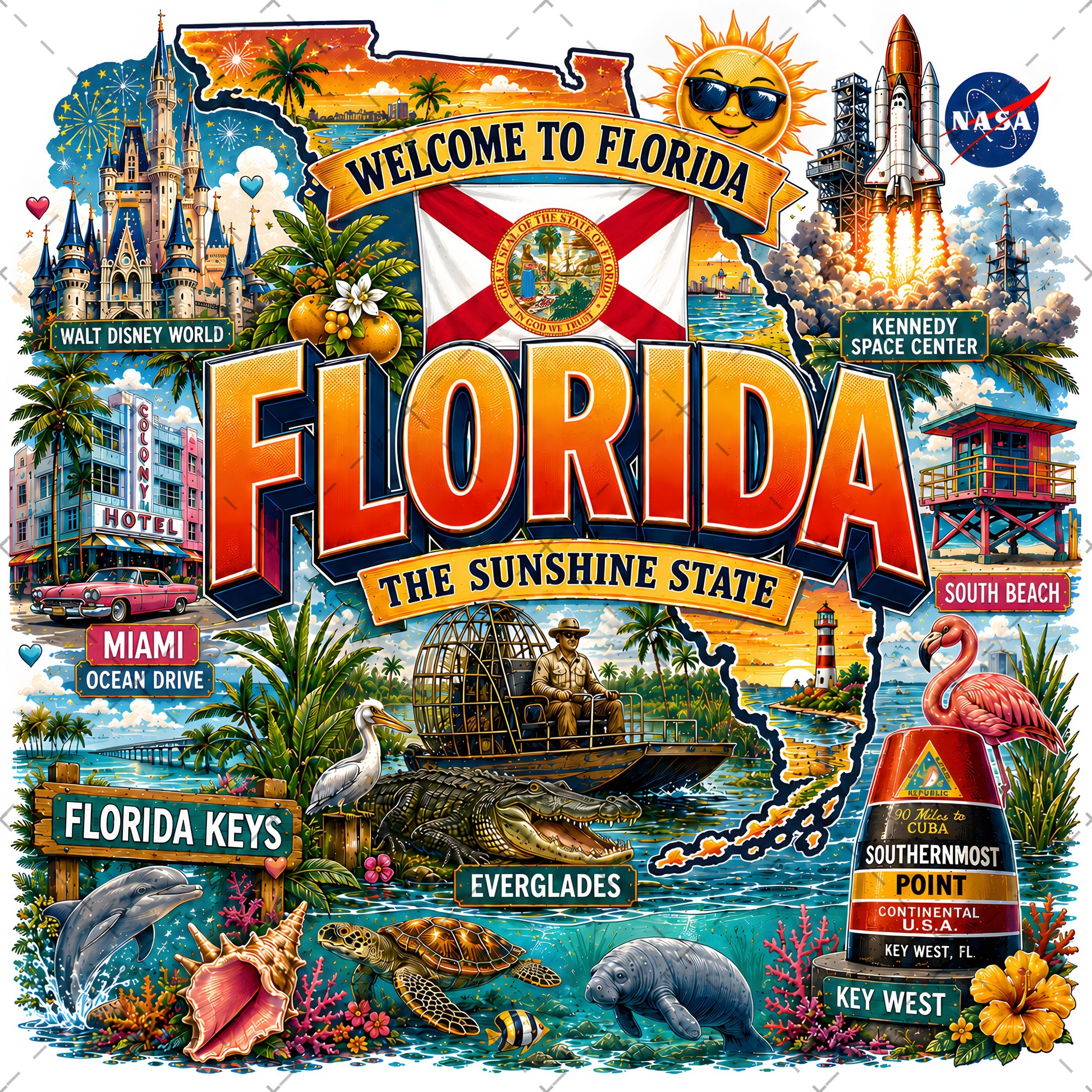 Florida Sunshine State PNG Travel Souvenir Collage Sublimation Design Landmarks Beach POD T-Shirt Mug Tumbler