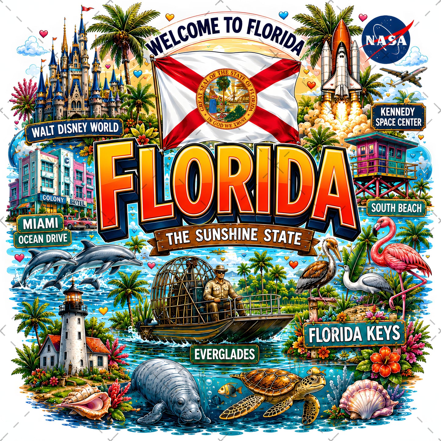 Florida Sunshine State PNG Travel Souvenir Collage Sublimation Design Landmarks Beach POD T-Shirt Mug Tumbler