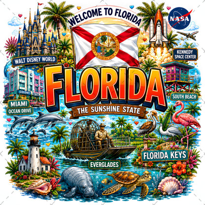Florida Sunshine State PNG Travel Souvenir Collage Sublimation Design Landmarks Beach POD T-Shirt Mug Tumbler