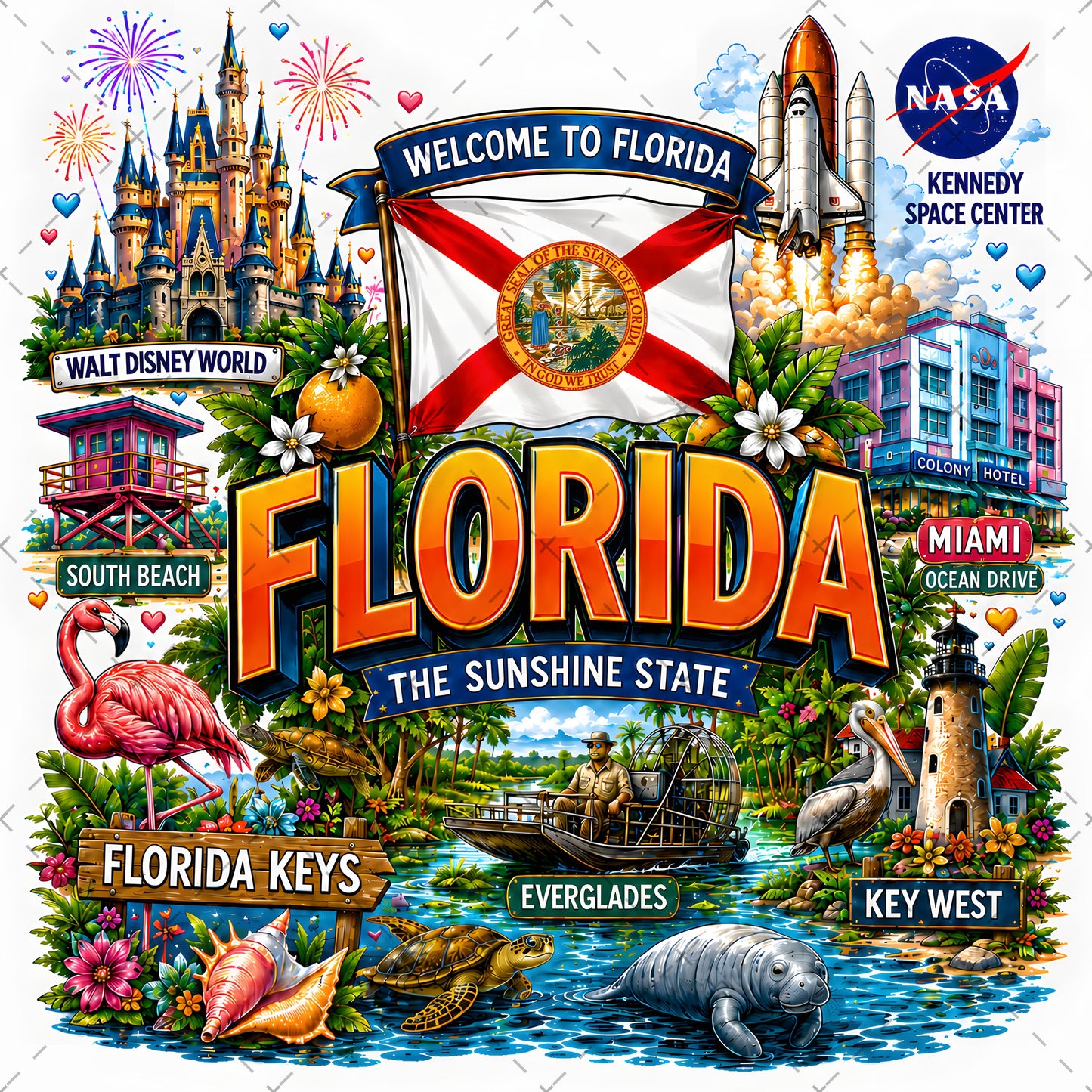 Florida Sunshine State PNG Travel Souvenir Collage Sublimation Design Landmarks Beach POD T-Shirt Mug Tumbler