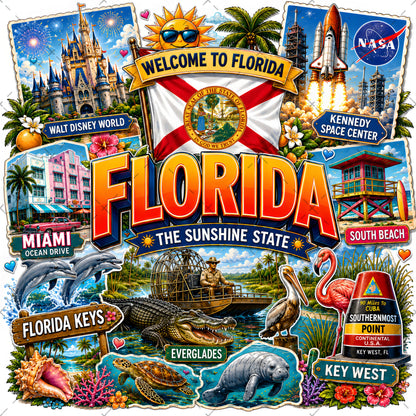 Florida Sunshine State PNG Travel Souvenir Collage Sublimation Design Landmarks Beach POD T-Shirt Mug Tumbler