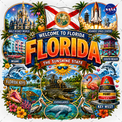 Florida Sunshine State PNG Travel Souvenir Collage Sublimation Design Landmarks Beach POD T-Shirt Mug Tumbler