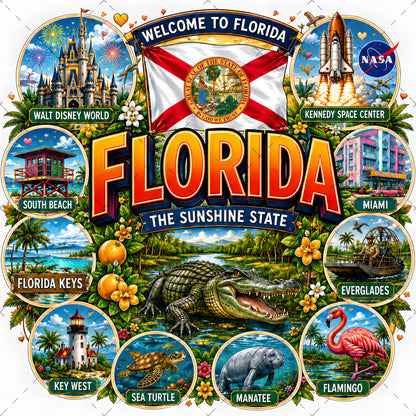 Florida Sunshine State PNG Travel Souvenir Collage Sublimation Design Landmarks Beach POD T-Shirt Mug Tumbler
