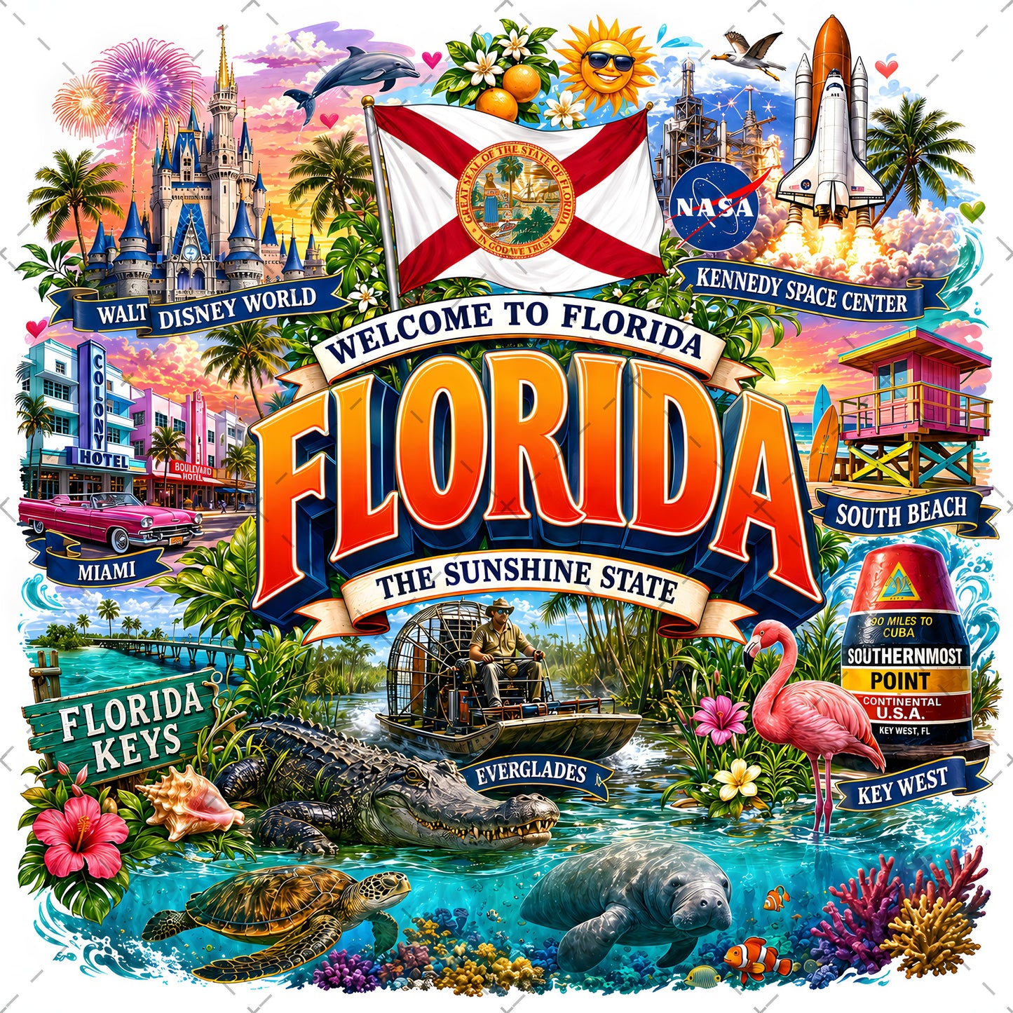 Florida Sunshine State PNG Travel Souvenir Collage Sublimation Design Landmarks Beach POD T-Shirt Mug Tumbler