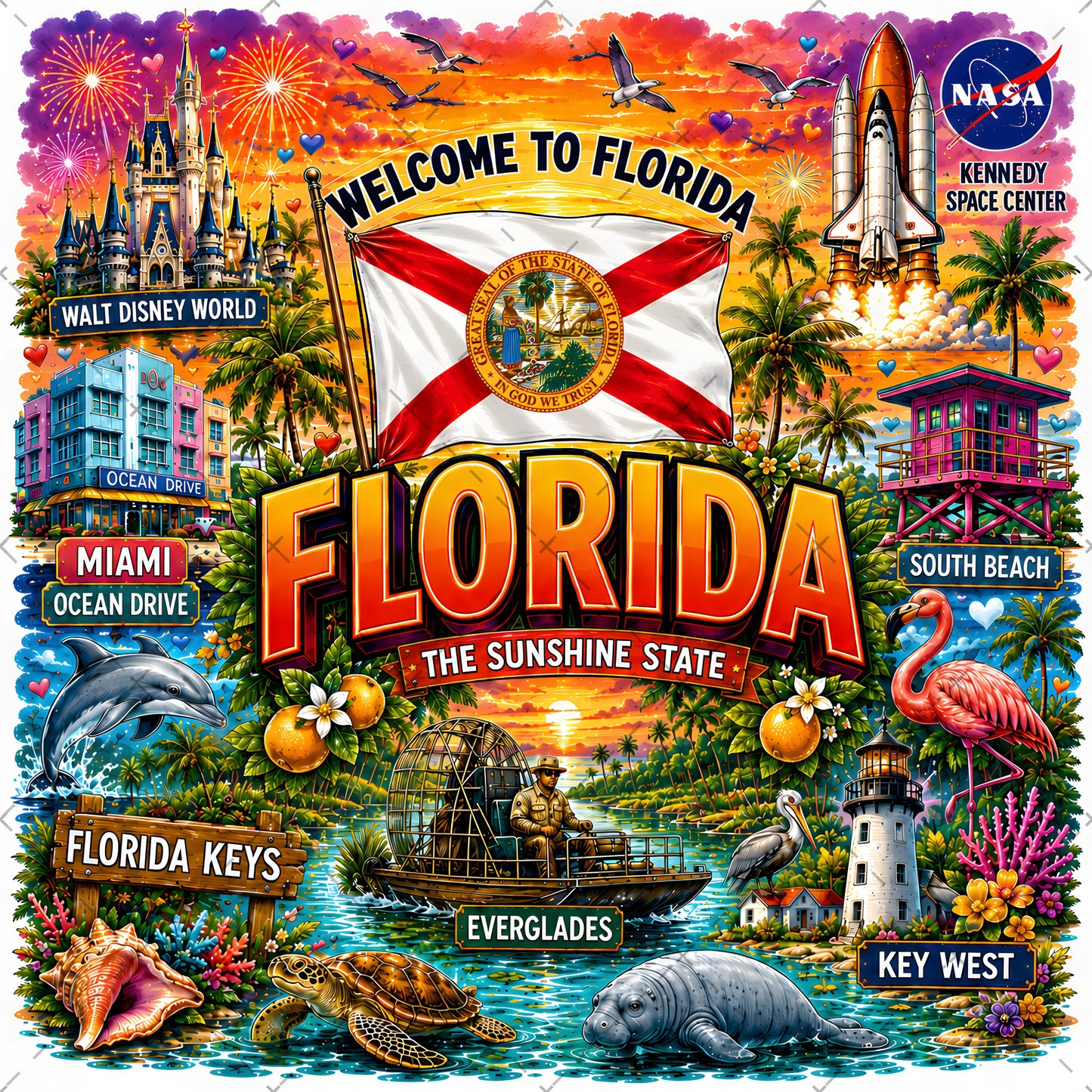 Florida Sunshine State PNG Travel Souvenir Collage Sublimation Design Landmarks Beach POD T-Shirt Mug Tumbler
