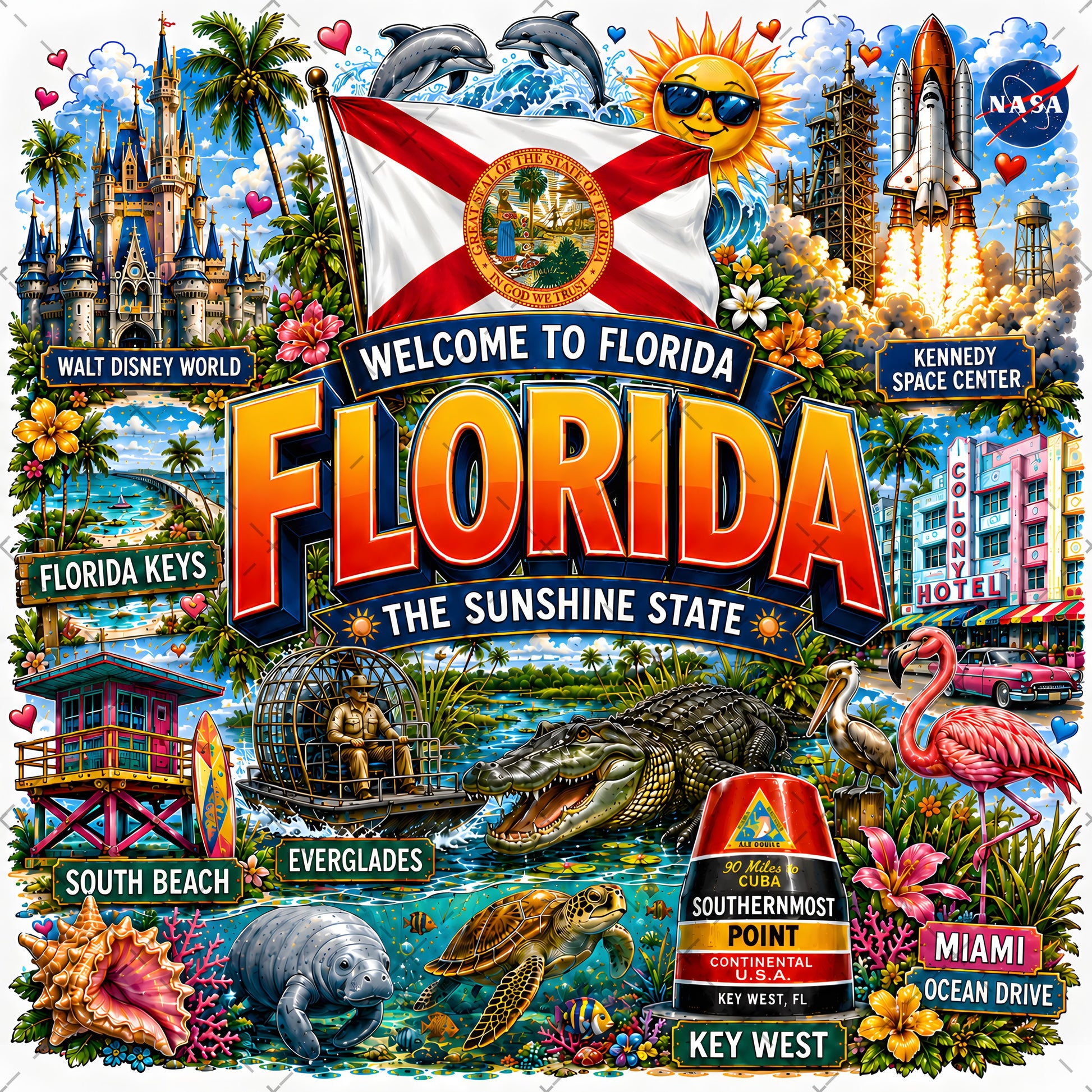 Florida Sunshine State PNG Travel Souvenir Collage Sublimation Design Landmarks Beach POD T-Shirt Mug Tumbler