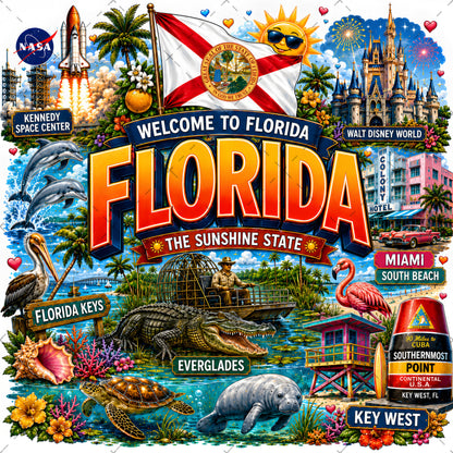Florida Sunshine State PNG Travel Souvenir Collage Sublimation Design Landmarks Beach POD T-Shirt Mug Tumbler