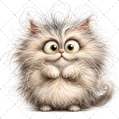Whimsical Cartoon Cat PNG, Cute Fluffy Big Eyed Kitty Clipart, Sublimation Design for Tshirts Mugs Tumblers, Commercial 