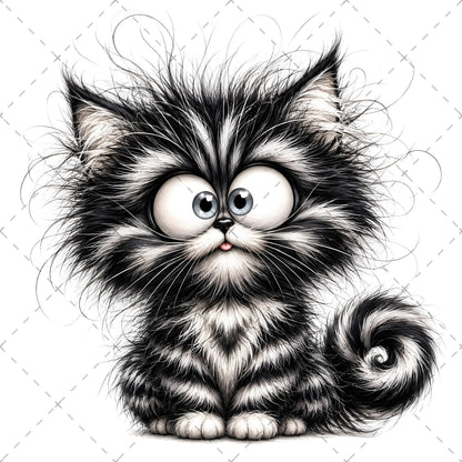 Whimsical Cartoon Cat PNG, Cute Fluffy Big Eyed Kitty Clipart, Sublimation Design for Tshirts Mugs Tumblers, Commercial 