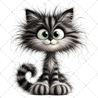 Whimsical Cartoon Cat PNG Bundle, Big-Eyed Fluffy Cats Sublimation, Cute Kawaii Cat Clipart for Tshirt Mug Tumbler Comme