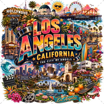 Los Angeles California Travel Collage Digital Art Print | Vibrant LA Landmark & Attraction Wall Decor | Instant Download, landmark artwork, la digital download, california dream, PNG, digital download, high resolution