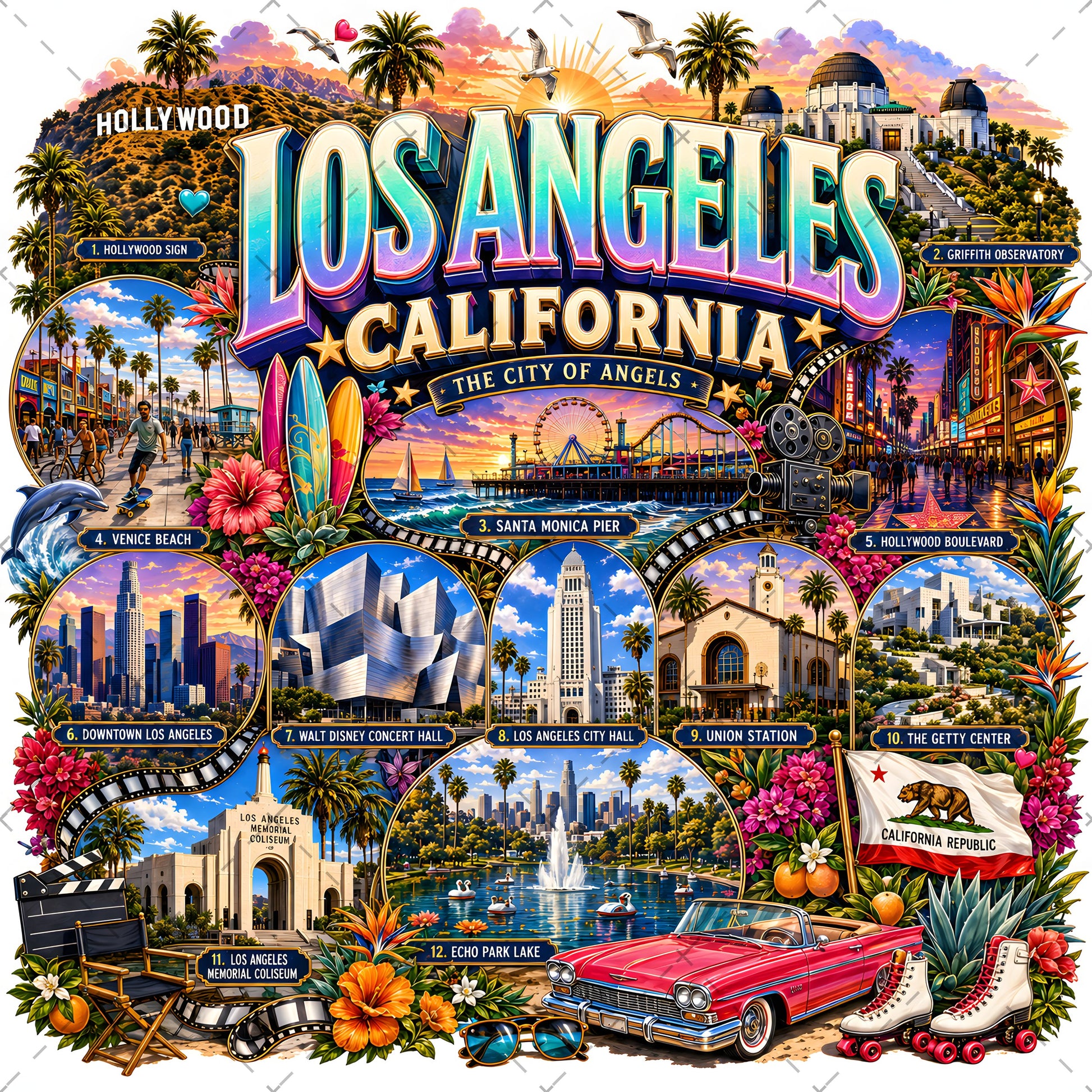 Los Angeles California Travel Collage Digital Art Print | Vibrant LA Landmark & Attraction Wall Decor | Instant Download, etsy seller design, west coast art, tourist art, PNG, digital download, high resolution