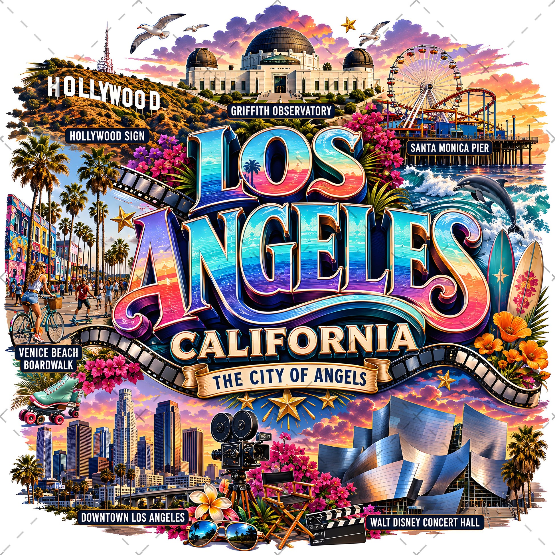 Los Angeles California Travel Collage Digital Art Print | Vibrant LA Landmark & Attraction Wall Decor | Instant Download, la travel poster, attraction print, city collage art, PNG, digital download, high resolution