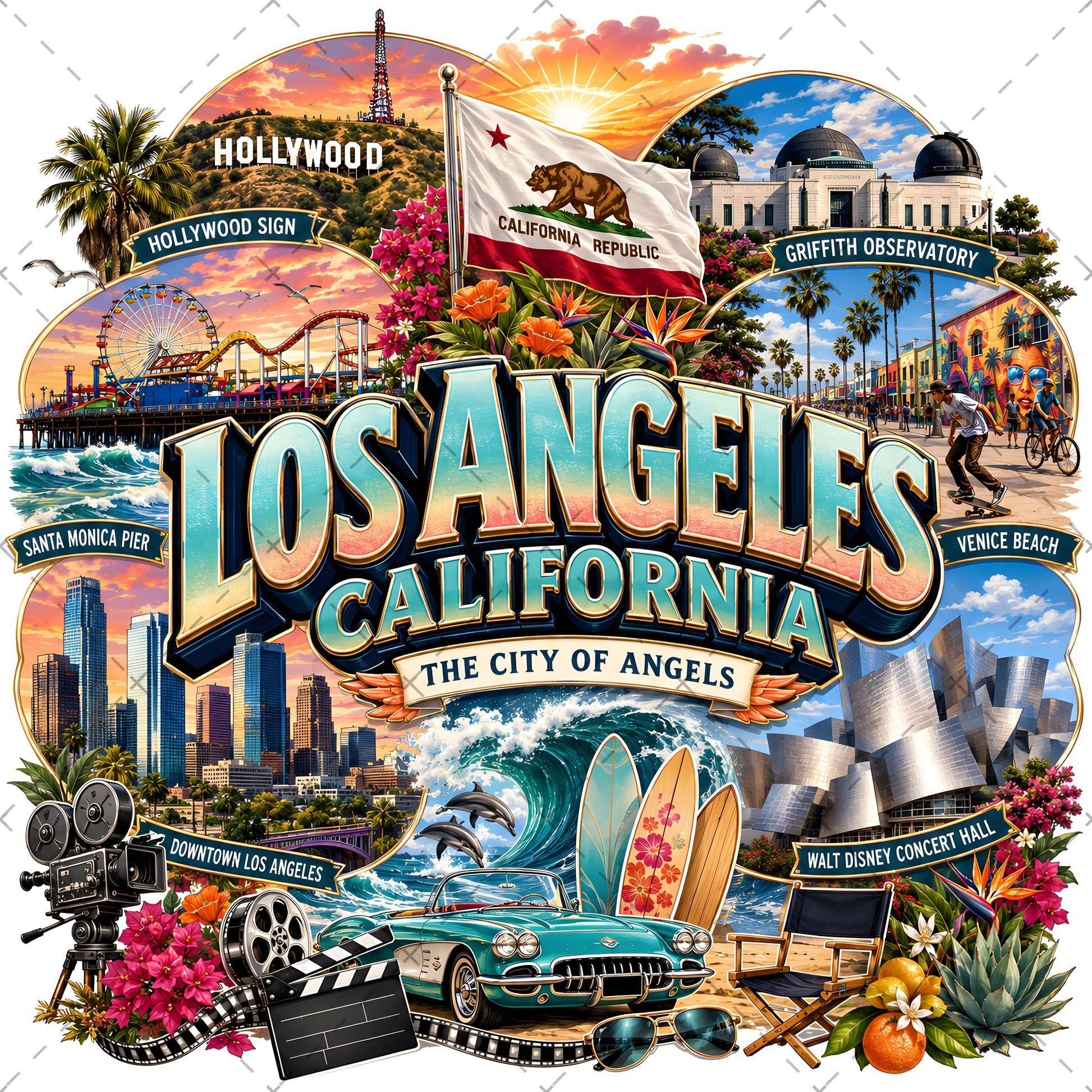 Los Angeles California Travel Collage Digital Art Print | Vibrant LA Landmark & Attraction Wall Decor | Instant Download, cali decor, southern california, la souvenir, PNG, digital download, high resolution