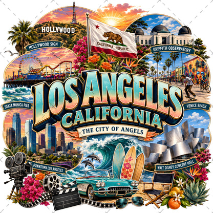 Los Angeles California Travel Collage Digital Art Print | Vibrant LA Landmark & Attraction Wall Decor | Instant Download, cali decor, southern california, la souvenir, PNG, digital download, high resolution
