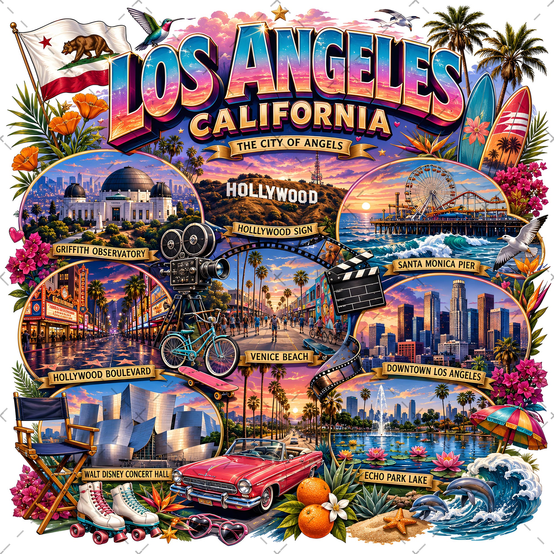 Los Angeles California Travel Collage Digital Art Print | Vibrant LA Landmark & Attraction Wall Decor | Instant Download, west coast art, tourist art, landmark artwork, PNG, digital download, high resolution