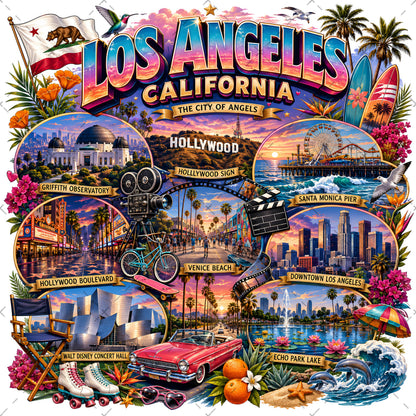Los Angeles California Travel Collage Digital Art Print | Vibrant LA Landmark & Attraction Wall Decor | Instant Download, west coast art, tourist art, landmark artwork, PNG, digital download, high resolution