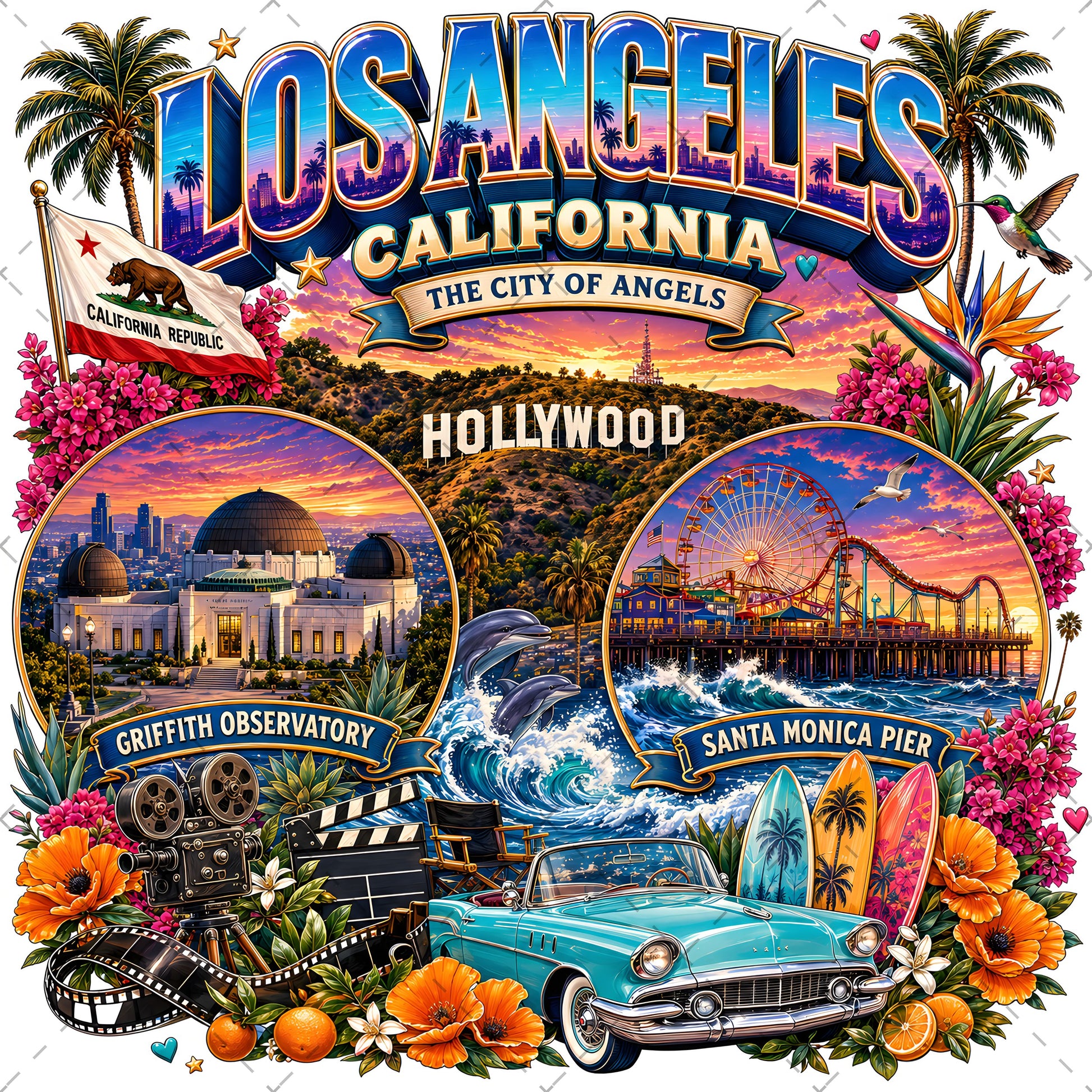 Los Angeles California Travel Collage Digital Art Print | Vibrant LA Landmark & Attraction Wall Decor | Instant Download, city collage art, etsy seller design, west coast art, PNG, digital download, high resolution