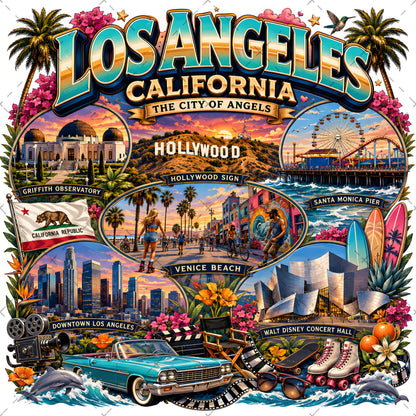 Los Angeles California Travel Collage Digital Art Print | Vibrant LA Landmark & Attraction Wall Decor | Instant Download, tourist art, landmark artwork, la digital download, PNG, digital download, high resolution
