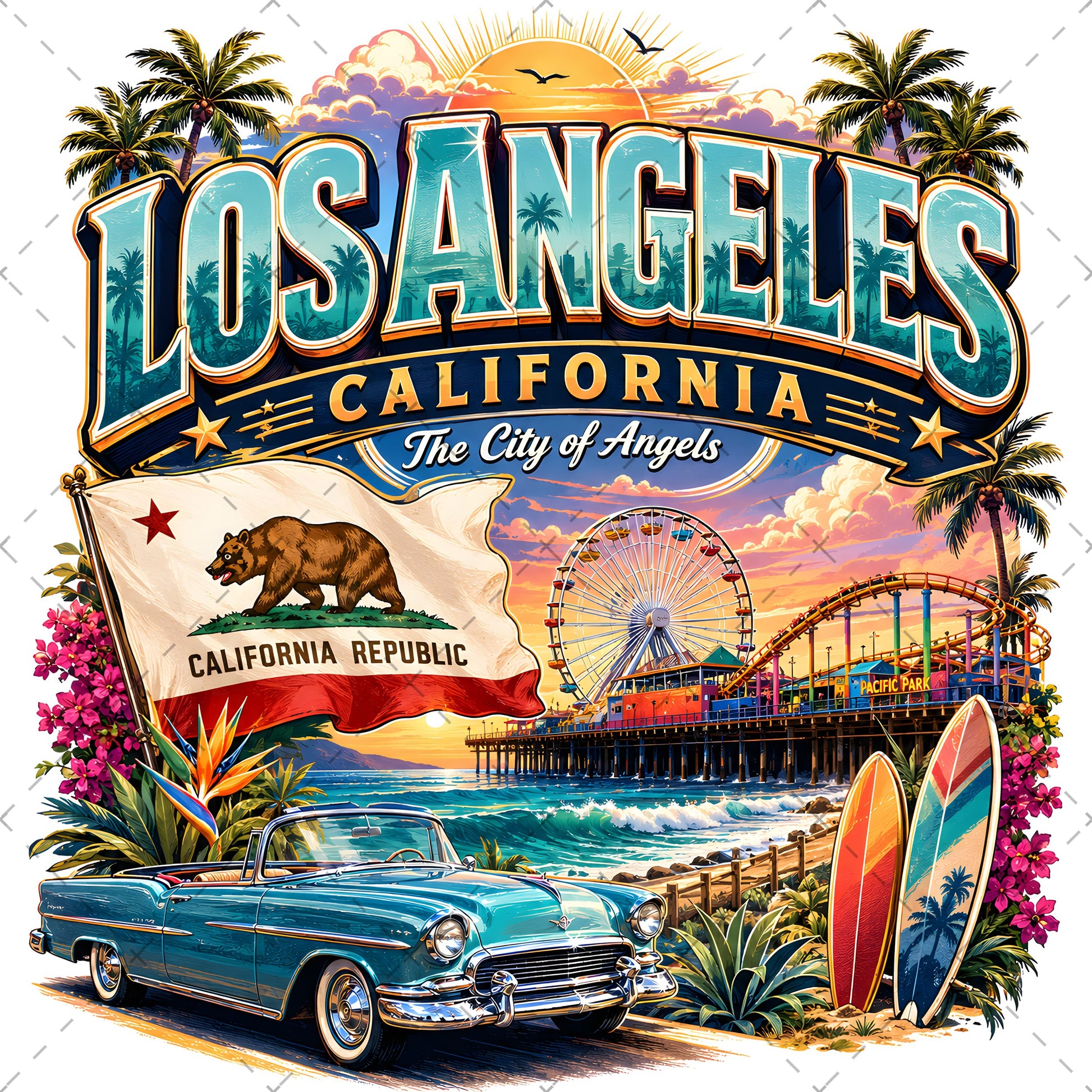 Los Angeles California Travel Collage Digital Art Print | Vibrant LA Landmark & Attraction Wall Decor | Instant Download, california dream, iconic la, cali decor, PNG, digital download, high resolution