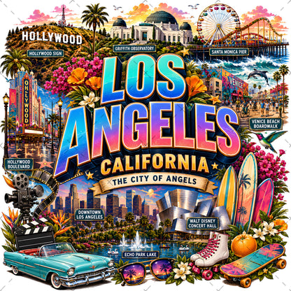Los Angeles California Travel Collage Digital Art Print | Vibrant LA Landmark & Attraction Wall Decor | Instant Download, iconic la, cali decor, southern california, PNG, digital download, high resolution