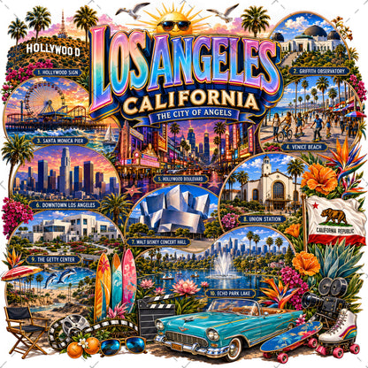 Los Angeles California Travel Collage Digital Art Print | Vibrant LA Landmark & Attraction Wall Decor | Instant Download, southern california, la souvenir, la travel poster, PNG, digital download, high resolution
