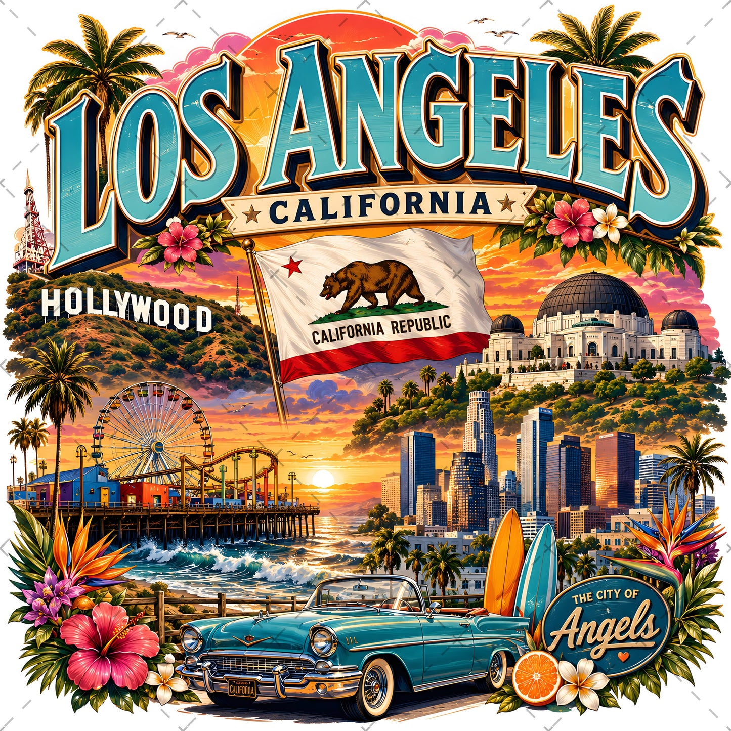 Los Angeles California Travel Collage Digital Art Print | Vibrant LA Landmark & Attraction Wall Decor | Instant Download, attraction print, city collage art, etsy seller design, PNG, digital download, high resolution
