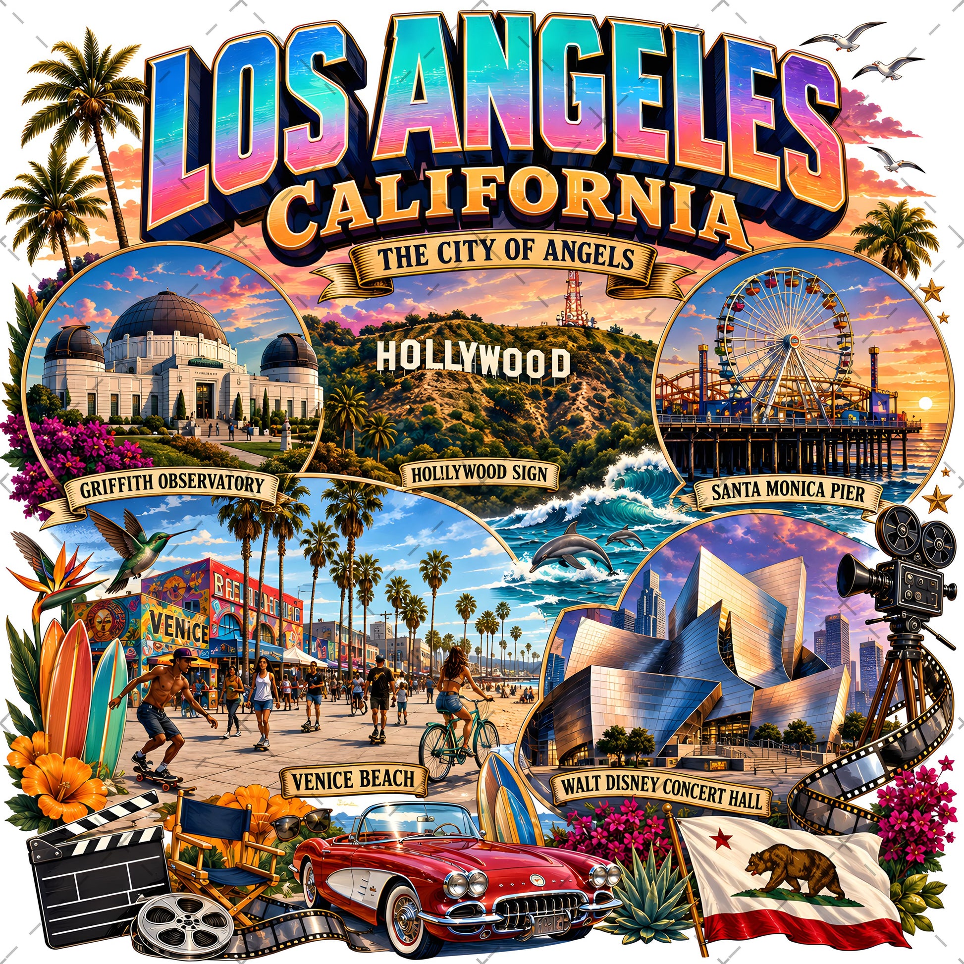 Los Angeles California Travel Collage Digital Art Print | Vibrant LA Landmark & Attraction Wall Decor | Instant Download, west coast art, tourist art, landmark artwork, PNG, digital download, high resolution