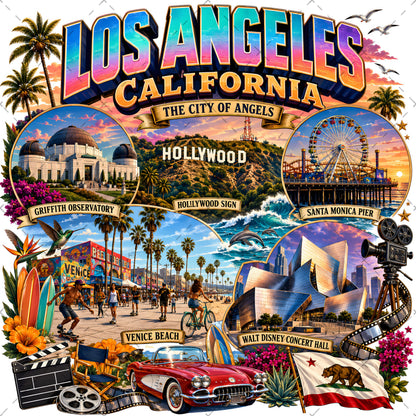 Los Angeles California Travel Collage Digital Art Print | Vibrant LA Landmark & Attraction Wall Decor | Instant Download, west coast art, tourist art, landmark artwork, PNG, digital download, high resolution