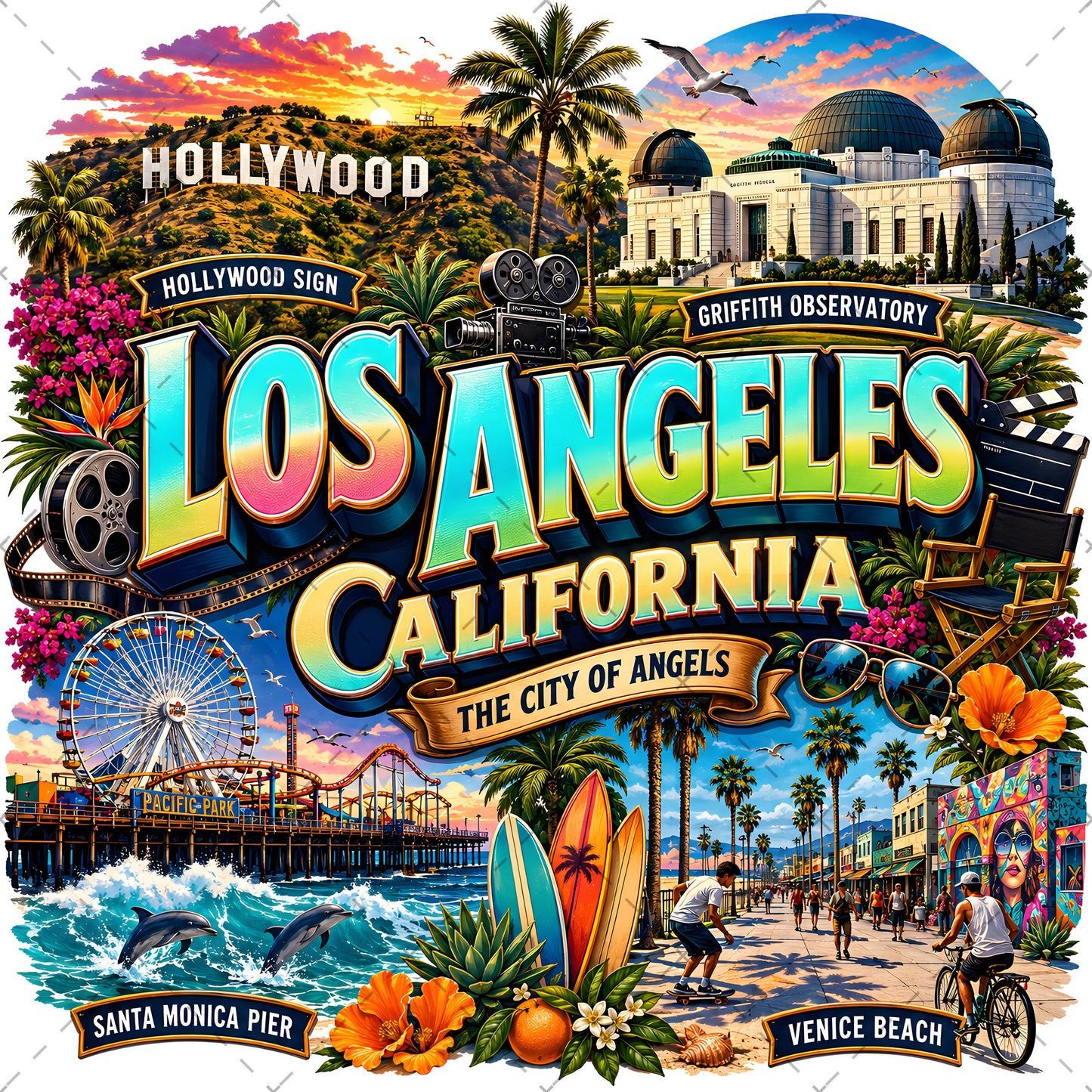 Los Angeles California Travel Collage Digital Art Print | Vibrant LA Landmark & Attraction Wall Decor | Instant Download, la digital download, california dream, iconic la, PNG, digital download, high resolution