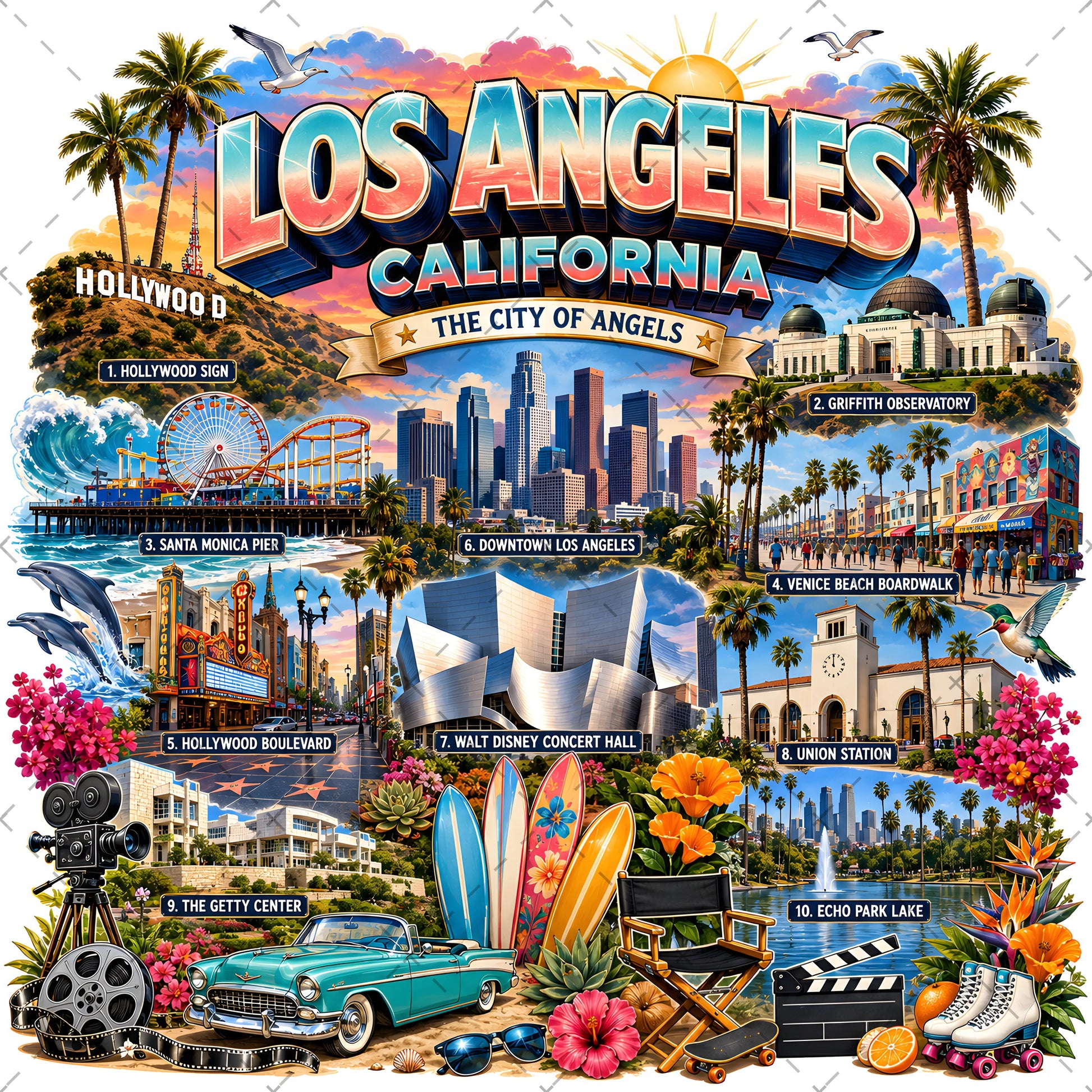 Los Angeles California Travel Collage Digital Art Print | Vibrant LA Landmark & Attraction Wall Decor | Instant Download, cali decor, southern california, la souvenir, PNG, digital download, high resolution