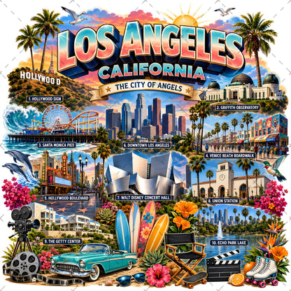 Los Angeles California Travel Collage Digital Art Print | Vibrant LA Landmark & Attraction Wall Decor | Instant Download, cali decor, southern california, la souvenir, PNG, digital download, high resolution