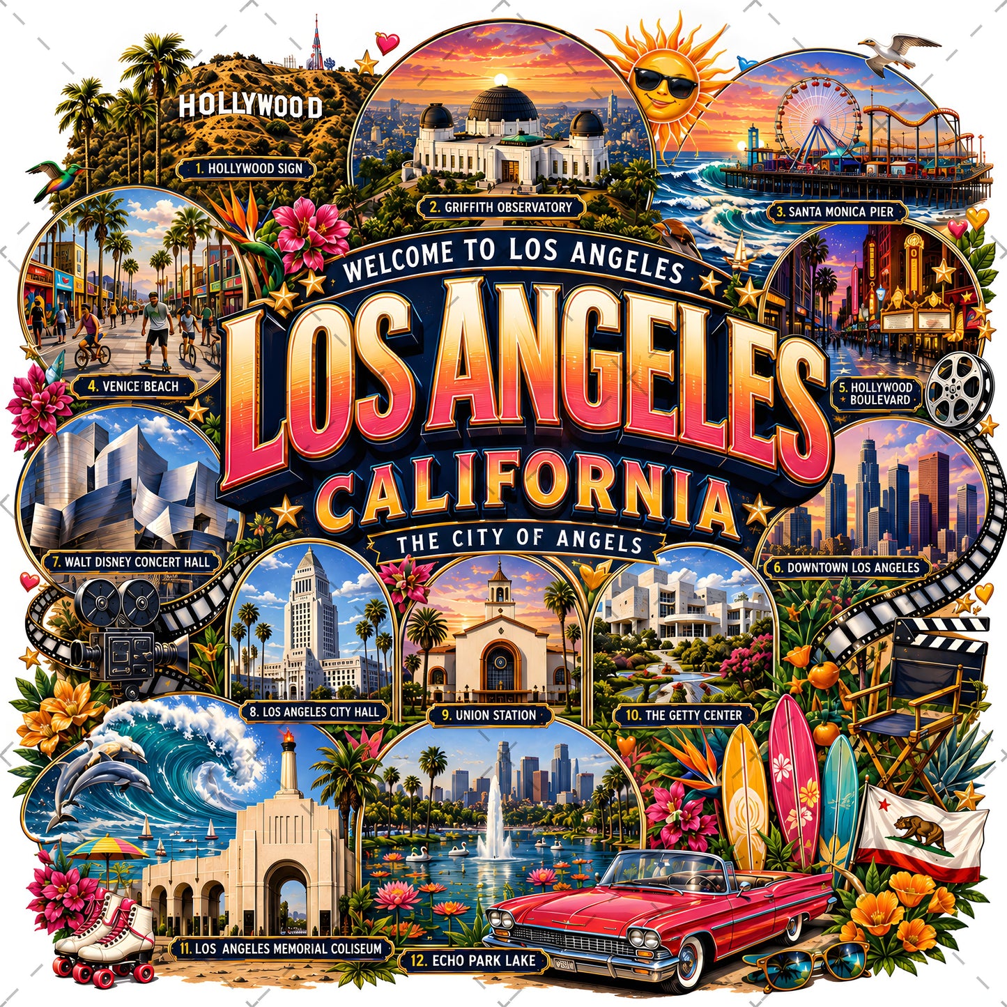 Los Angeles California Travel Collage Digital Art Print | Vibrant LA Landmark & Attraction Wall Decor | Instant Download, la travel poster, attraction print, city collage art, PNG, digital download, high resolution