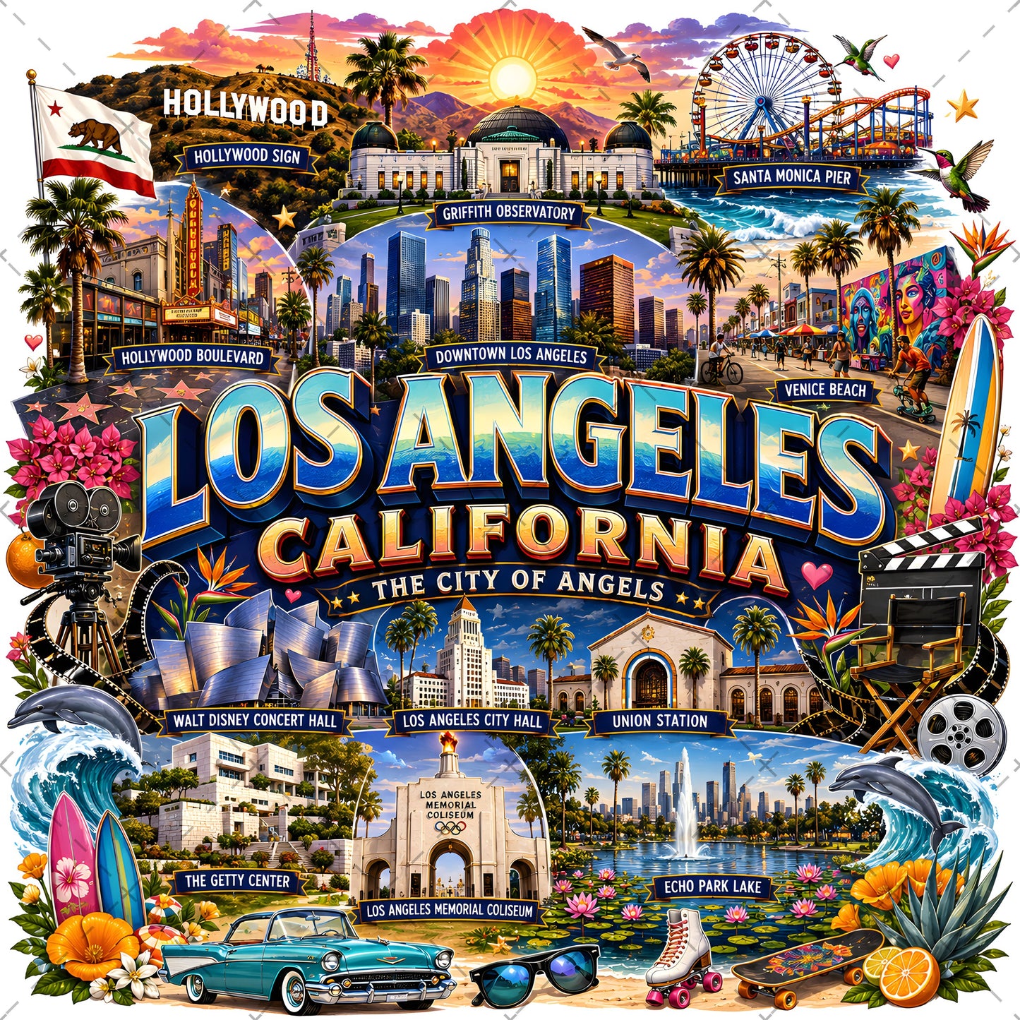Los Angeles California Travel Collage Digital Art Print | Vibrant LA Landmark & Attraction Wall Decor | Instant Download, la souvenir, la travel poster, attraction print, PNG, digital download, high resolution