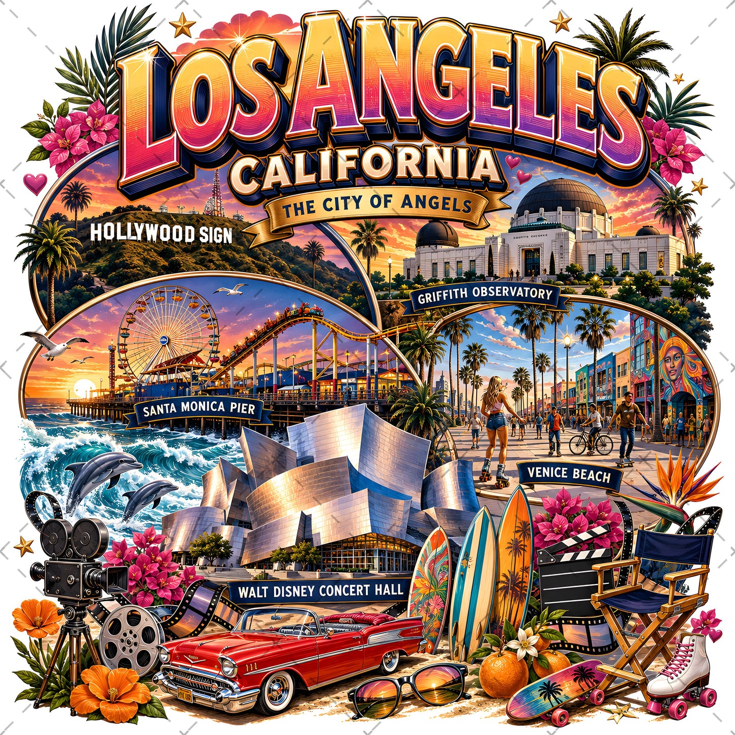 Los Angeles California Travel Collage Digital Art Print | Vibrant LA Landmark & Attraction Wall Decor | Instant Download, city collage art, etsy seller design, west coast art, PNG, digital download, high resolution