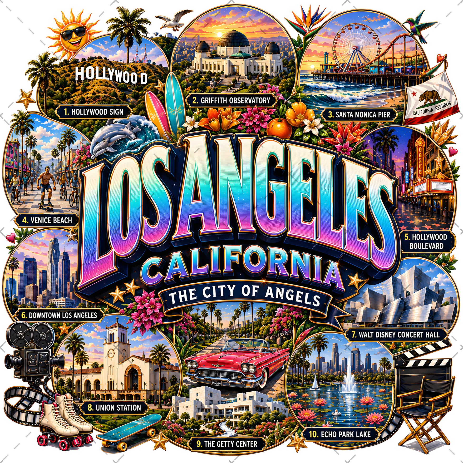 Los Angeles California Travel Collage Digital Art Print | Vibrant LA Landmark & Attraction Wall Decor | Instant Download, tourist art, landmark artwork, la digital download, PNG, digital download, high resolution