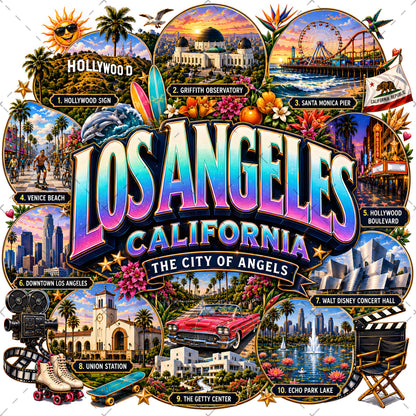 Los Angeles California Travel Collage Digital Art Print | Vibrant LA Landmark & Attraction Wall Decor | Instant Download, tourist art, landmark artwork, la digital download, PNG, digital download, high resolution