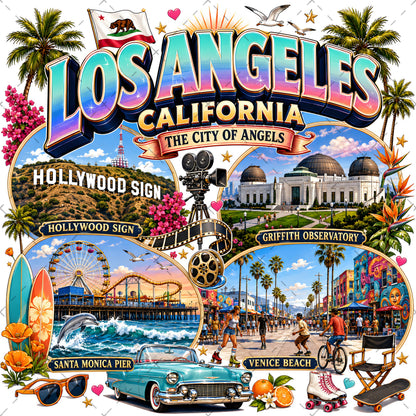 Los Angeles California Travel Collage Digital Art Print | Vibrant LA Landmark & Attraction Wall Decor | Instant Download, california dream, iconic la, cali decor, PNG, digital download, high resolution