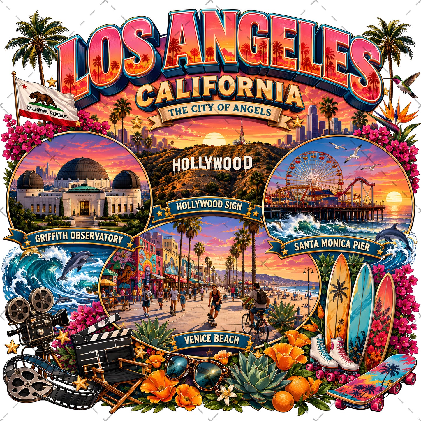 Los Angeles California Travel Collage Digital Art Print | Vibrant LA Landmark & Attraction Wall Decor | Instant Download, attraction print, city collage art, etsy seller design, PNG, digital download, high resolution
